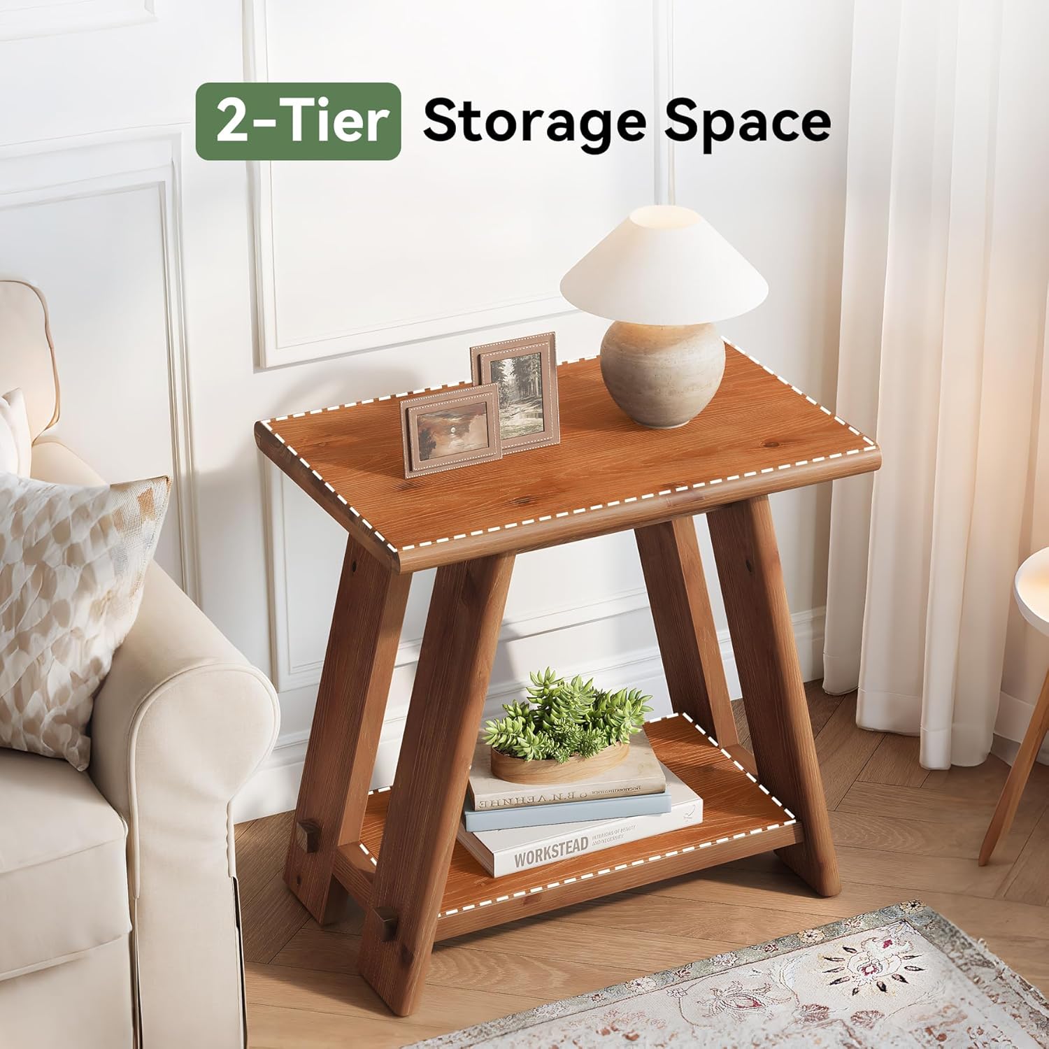 Solid Wood Side Table, Narrow Small End Table with 2-Tier Storage, Farmhouse Rectangle Bedside Nightstand for Living Room Bedroom, Small Places (1, Brown)