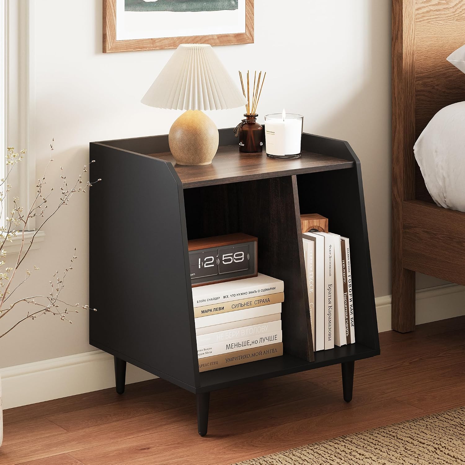 Rresyet End Table, Side Table with Adjustable Divided Shelves, Wooden Storage Cabinet,Side Table with Storage for Living Room and Bedroom (Black, 1 Pieces)