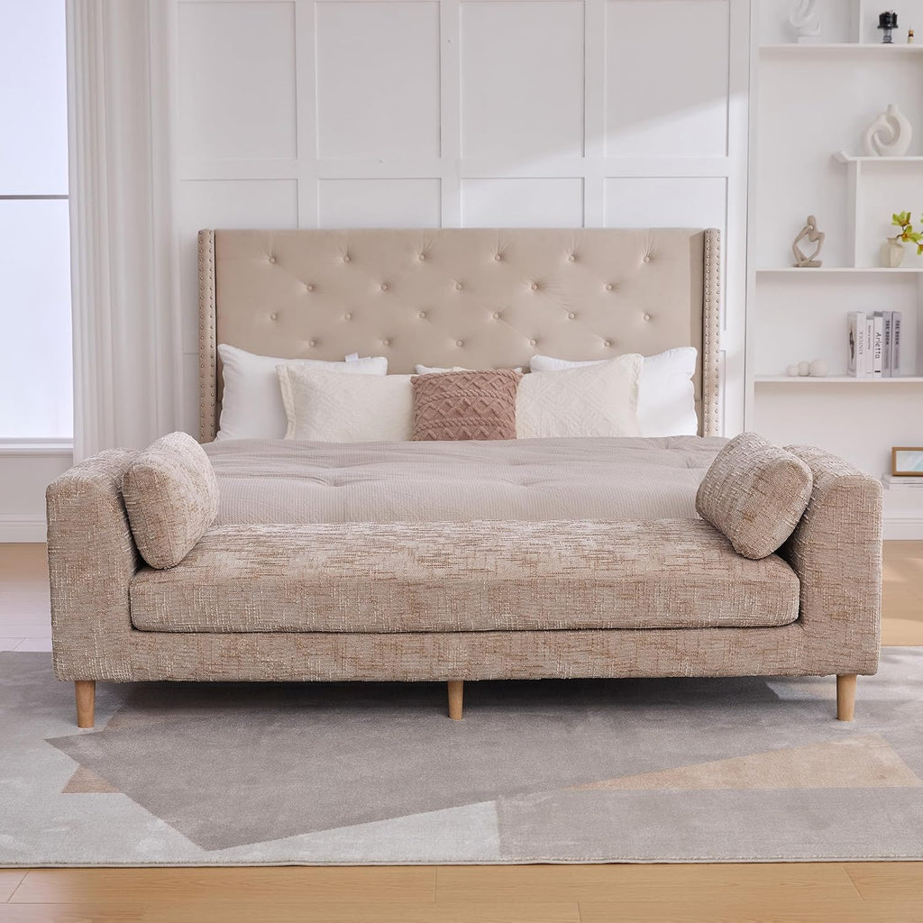 mikibama 83.1" Extra Long Ottoman Bench for Bedroom,Oversized Chenille Upholstered Chaise Lounge Sofa Benches,Modern End of Bed Bench with Arms,Lounger Daybed Couch with Pillows (Wheat)