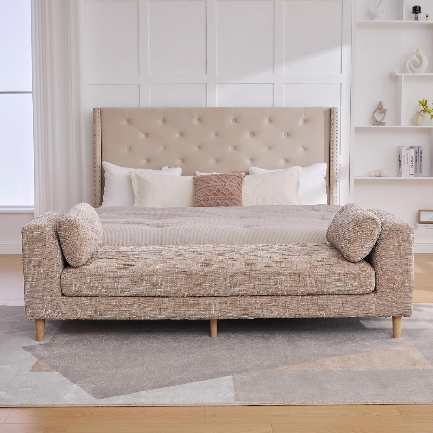 mikibama 83.1" Extra Long Ottoman Bench for Bedroom,Oversized Chenille Upholstered Chaise Lounge Sofa Benches,Modern End of Bed Bench with Arms,Lounger Daybed Couch with Pillows (Wheat)