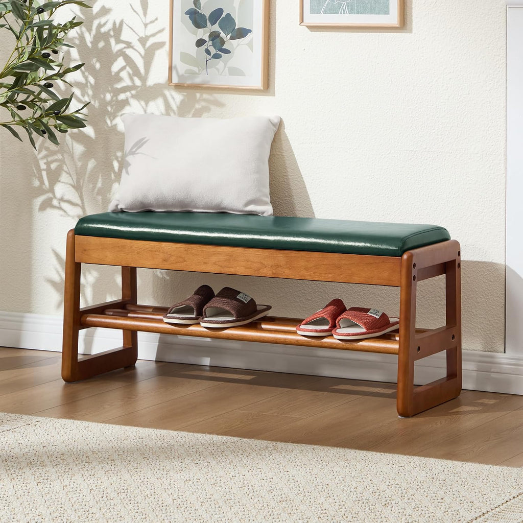 39.3" Shoe Rack Bench,2 Tiers Shoe Bench with Storage,Walnut Storage Bench with Faux Leather Cushion for Entrance Entryway Hallway Walnut PU Green