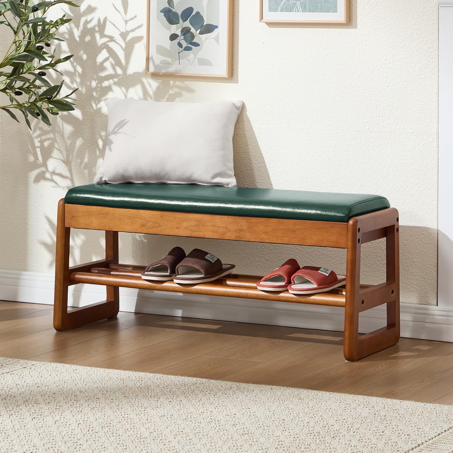 39.3" Shoe Rack Bench,2 Tiers Shoe Bench with Storage,Walnut Storage Bench with Faux Leather Cushion for Entrance Entryway Hallway Walnut PU Green