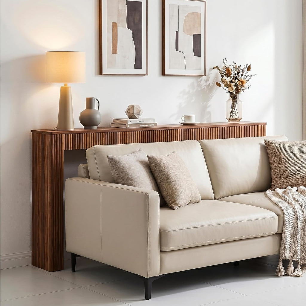 79" Fluted Console Table with Charging Station, Mid Century Modern Narrow Entryway Table with Power Outlet & USB Ports, Long Wooden Sofa Table Behind Couch, Hallway Accent Table for Foyer