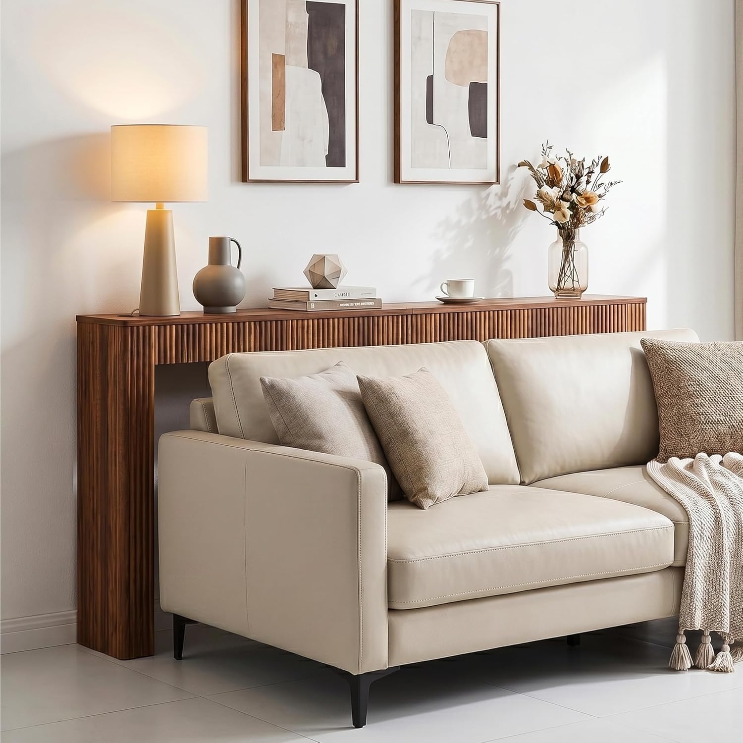 79" Fluted Console Table with Charging Station, Mid Century Modern Narrow Entryway Table with Power Outlet & USB Ports, Long Wooden Sofa Table Behind Couch, Hallway Accent Table for Foyer