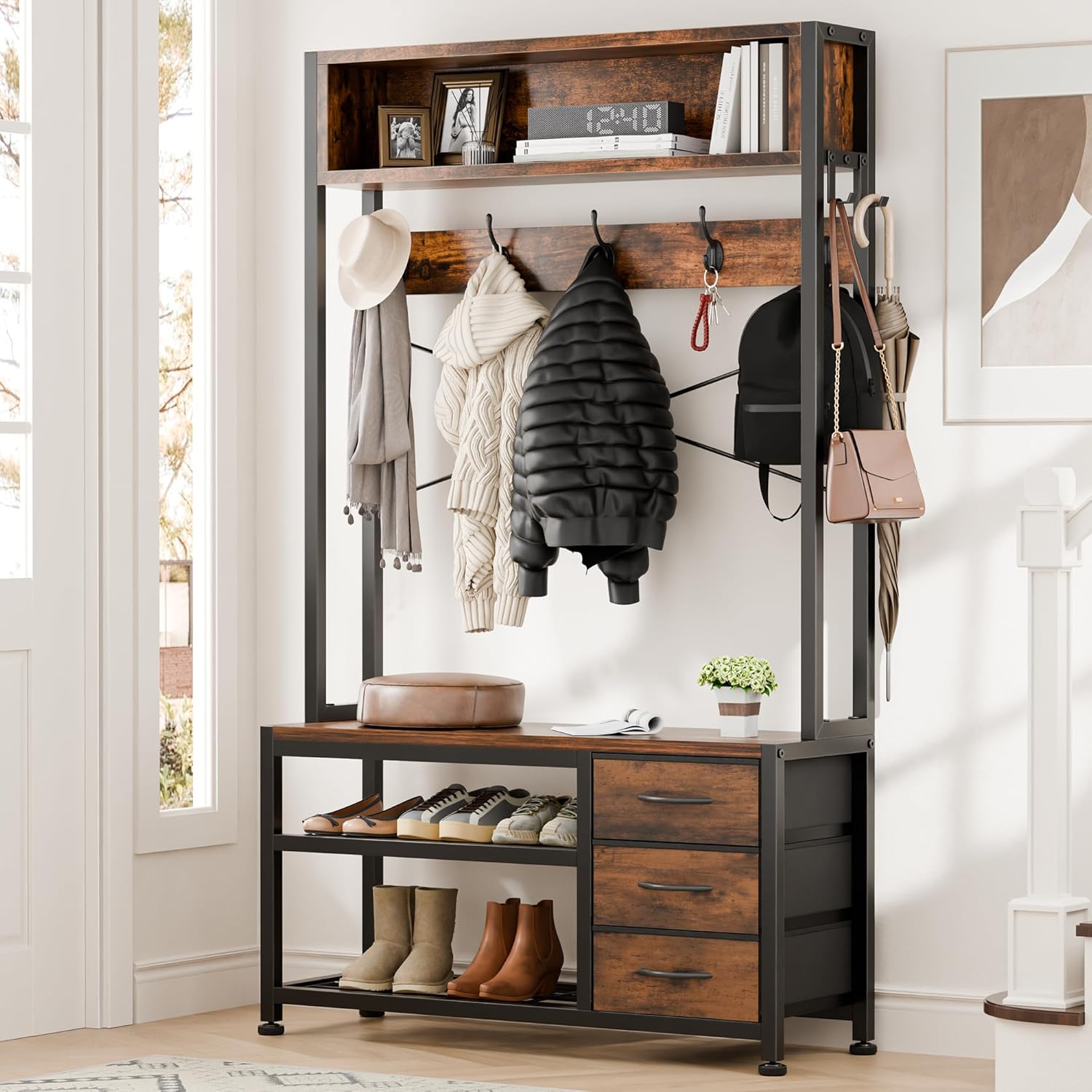 Lulive Hall Tree with Bench and Shoe Storage, 31.5" Coat Rack Freestanding with 2-Tier Storage Shelf, 6-in-1 Entryway Bench Coat Rack with 12 Hooks and 3 Drawers(Rustic Brown)