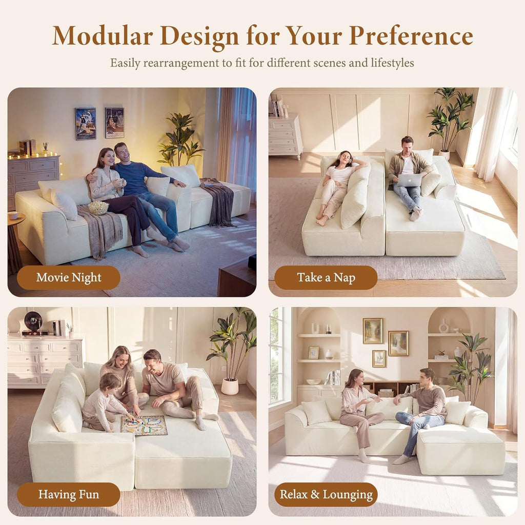 Vesgantti 106" Cloud Sectional Couch with Chaise, Deep Seat Modular Sectional Sofa Chenille Memory Foam Sofa Boneless Couches for Living Room Bedroom, No Assembly Required (Beige, Right-Facing Chaise)