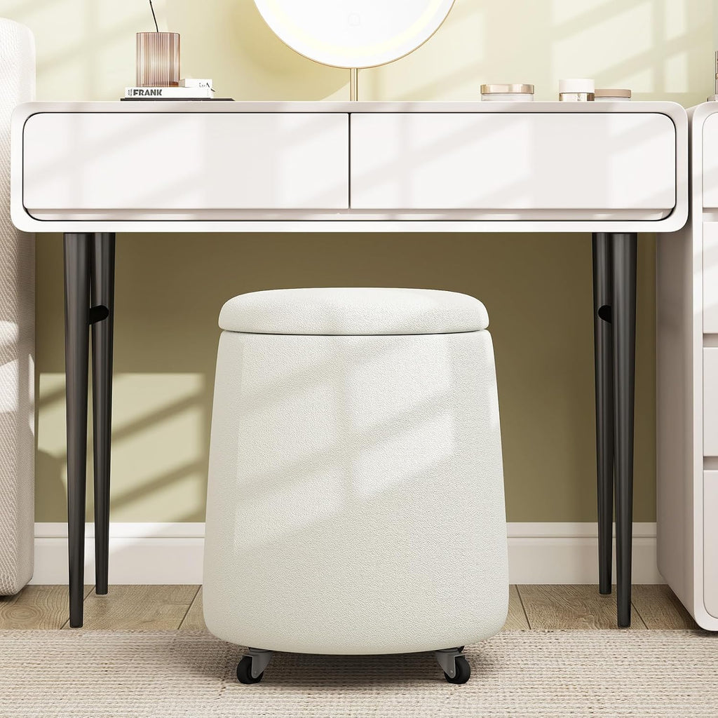 Storage Ottoman with Wheels, 15“W Swivel Rolling Foot Stool Boucle Terry Fabric Coffee Table Ottoman with Hidden Storage, Round Vanity Stools for Makeup Room Living Room Bedroom Entryway Dorm, Beige