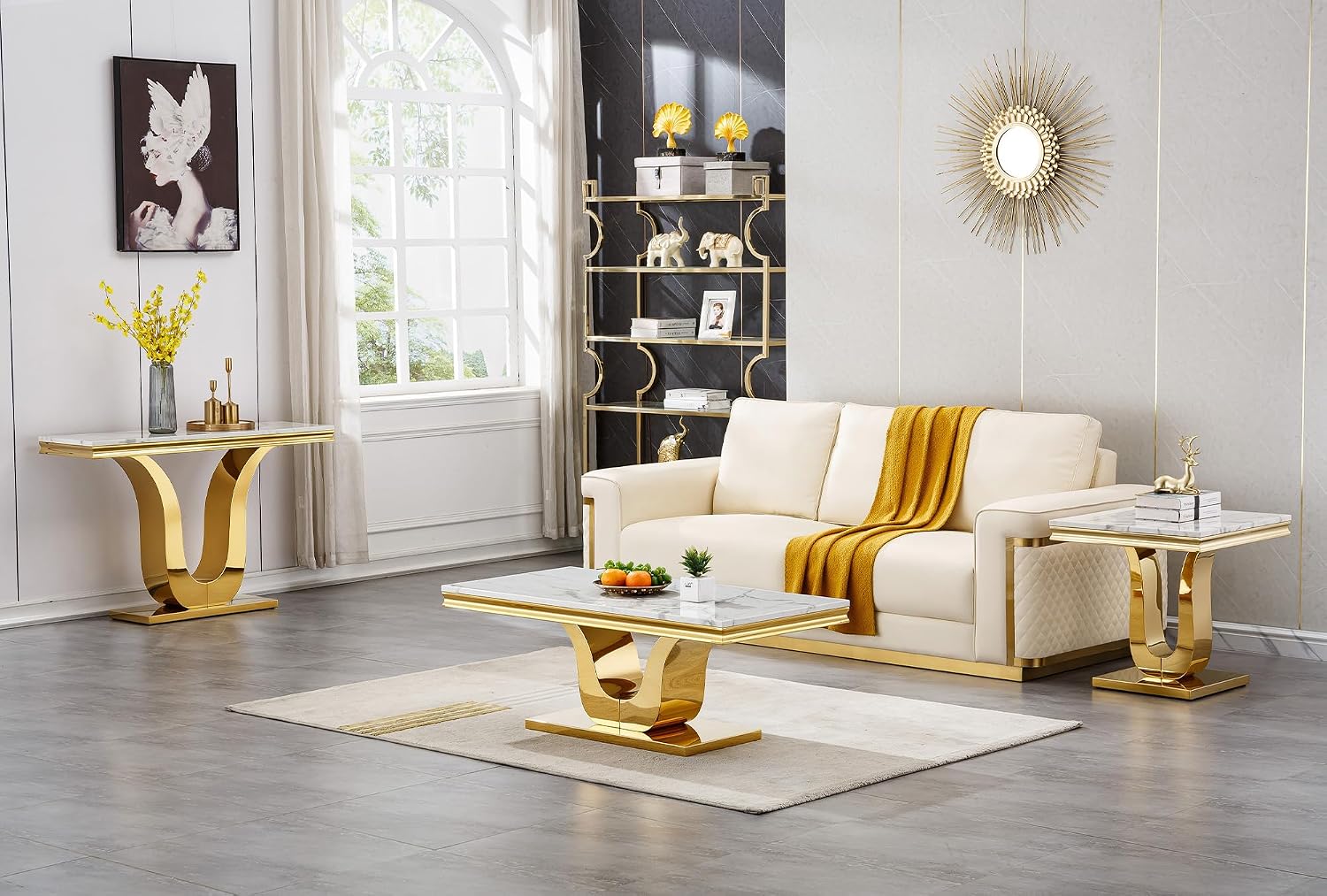 1 Piece Living Room End Table Luxury Faux Marble Sofa Side Table, Modern White Gold End Table with U-Shape Stainless Steel Pedestal Base