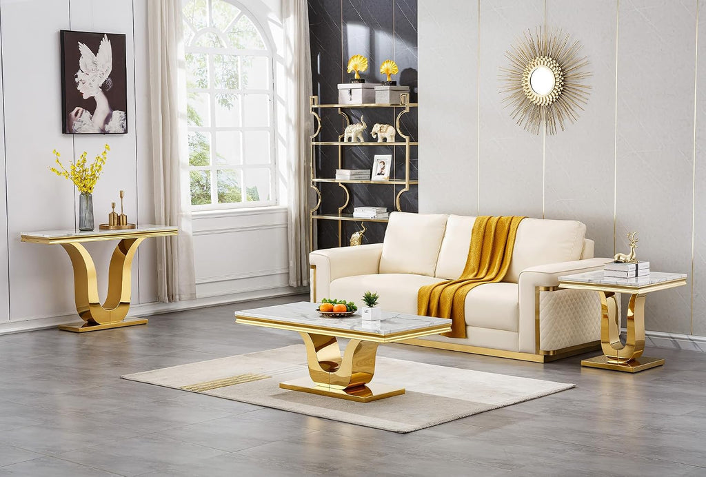 23'' Faux Marble End Table with High-Gloss U Base, Rectangular Marble Top Sofa Side Table for Living Room Office, Modern White Gold Accent Table with Stainless Steel Frame