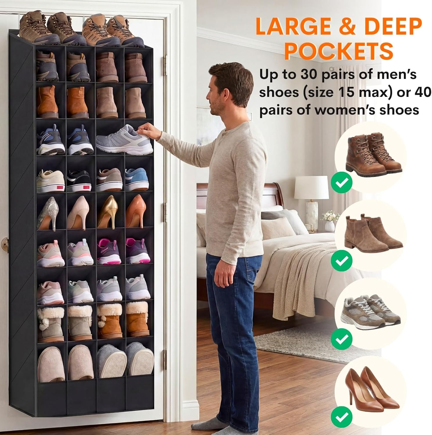 Ofiray-home Over the Door Shoe Organizer, 30-40 Pairs | Large & Deep Pockets, Fits Boots, Sneakers or Larger Shoes, Space-Saving, For Bedroom, Small Closet, Entryway