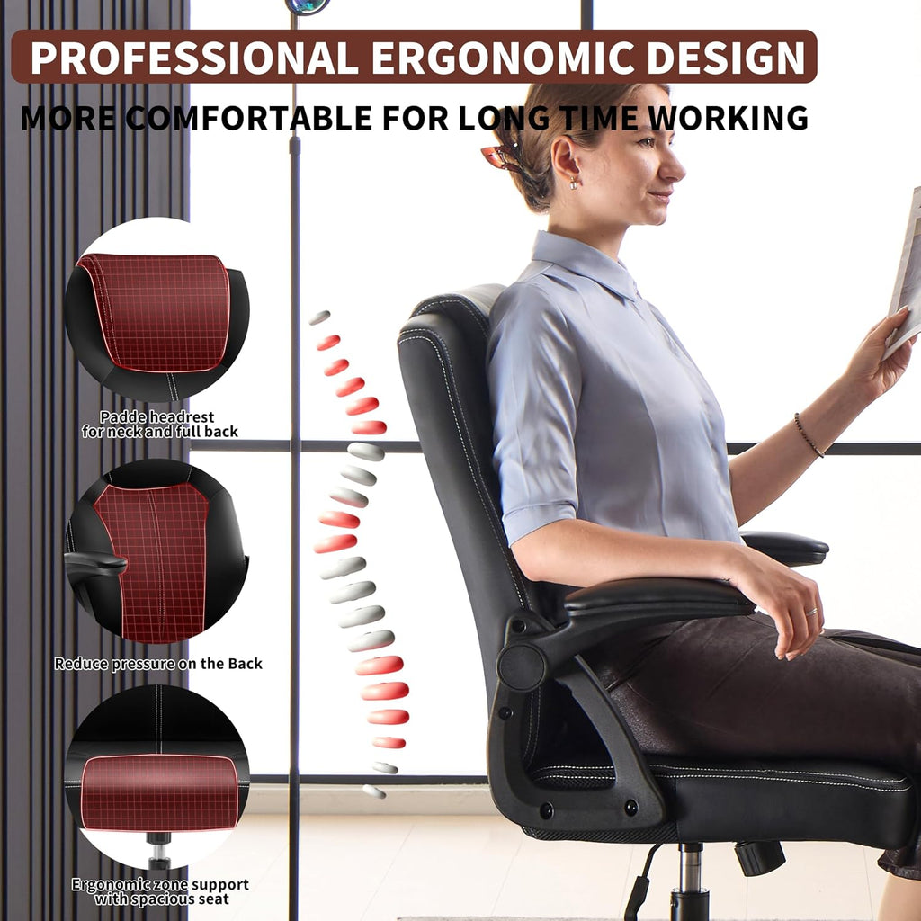 Executive Office Chair, Ergonomic PU Leather Computer Chairs, Executive Breathable Desk Chair with Padded Flip-Up Arms, 360° Swivel Rolling Chair Comfy Padded for Working Studying Gaming (Black)