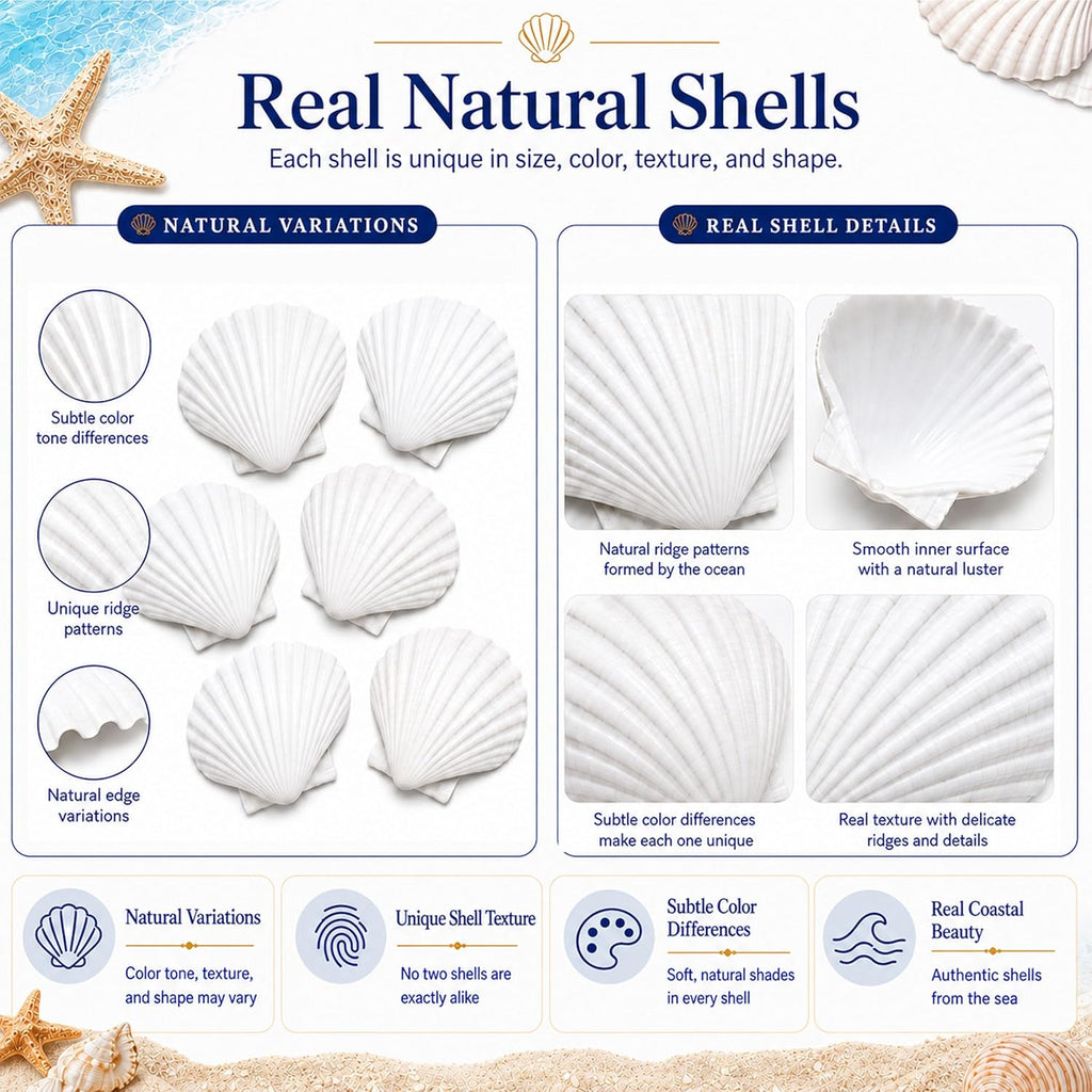 Cizavanta 50 Pack Large Scallop Shells for Crafts, 4-5 Inch Natural White Scallop Shells with 25 Clear Display Stands and Round Craft Mat, Seashells for DIY Painting, Decoupage & Coastal Decor