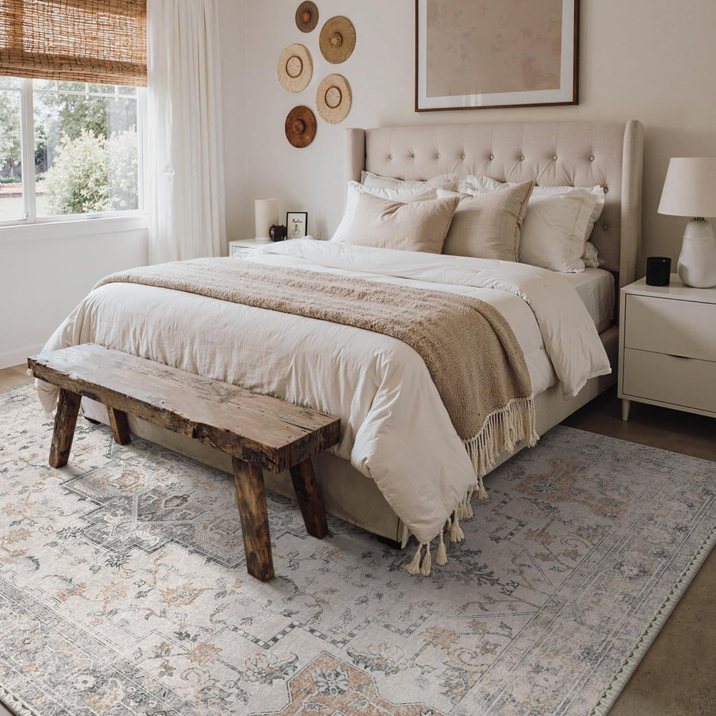 GENIMO 5X7 Area Rugs for Living Room, Machine Washable Non Slip Vintage Area Rugs, Low Pile Lightweight Print Rug for Bedroom, Dining Room, Home Office, Light Taupe Brown