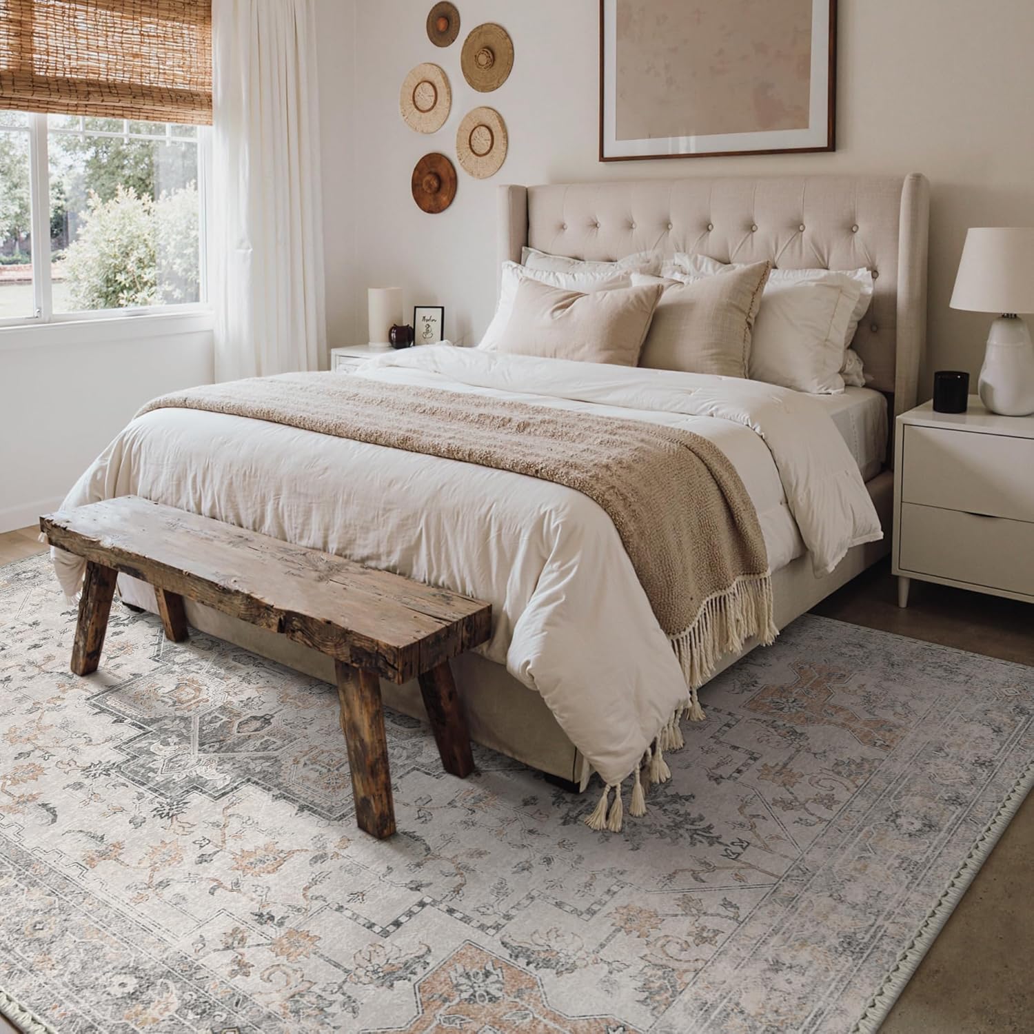 GENIMO 5X7 Area Rugs for Living Room, Machine Washable Non Slip Vintage Area Rugs, Low Pile Lightweight Print Rug for Bedroom, Dining Room, Home Office, Light Taupe Brown