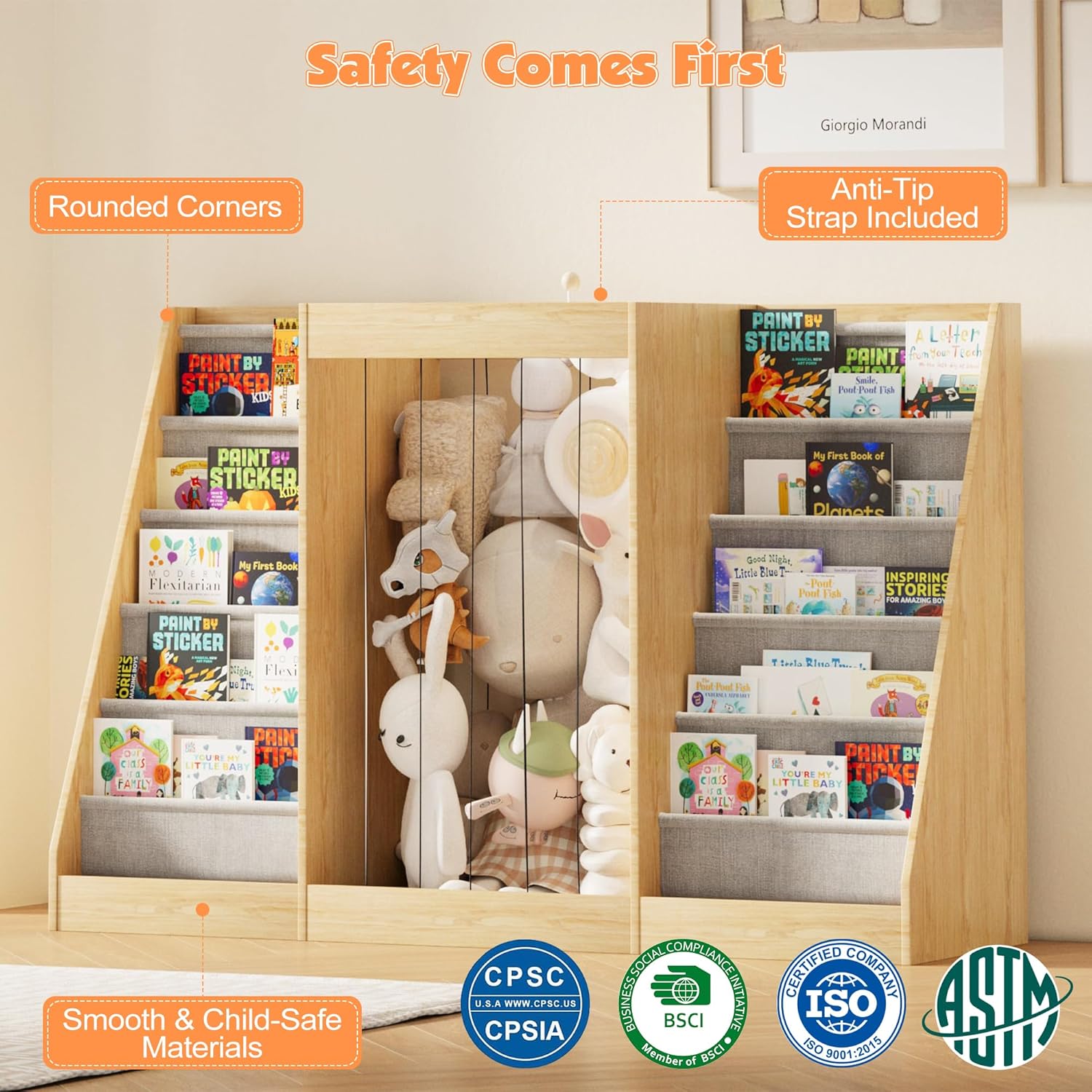 NACHES Montessori Kids Bookshelf with Toy Storage, Extra Book Display Shelves for Toddlers, Front-Facing Book Organizer for Nursery Playroom Bedroom (Natural Wood)