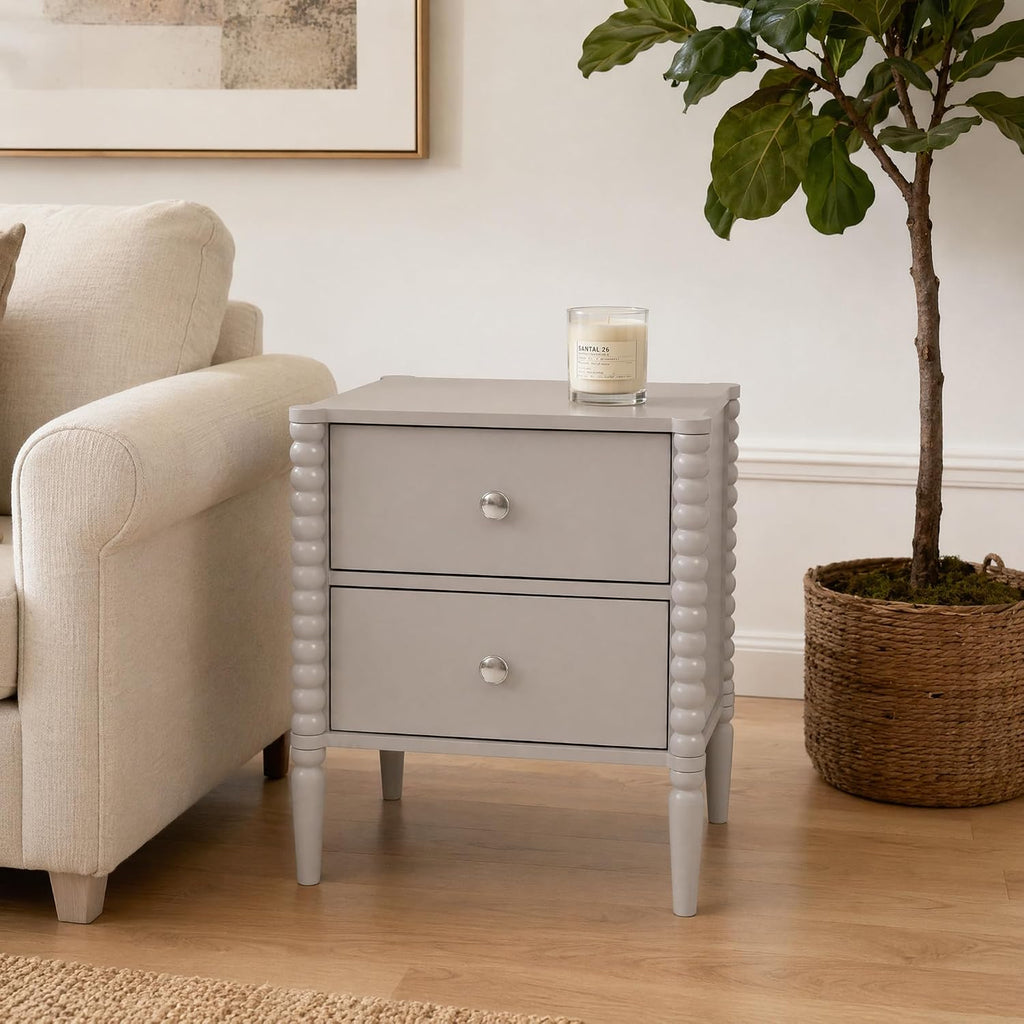 2-Drawer Nightstand, Modern Bedside Table with Silver Handles, 19.69" W × 15.75" D × 21.65" H, Kashmir MDF Cabinet with Wood Legs, End Table for Bedroom Living Room