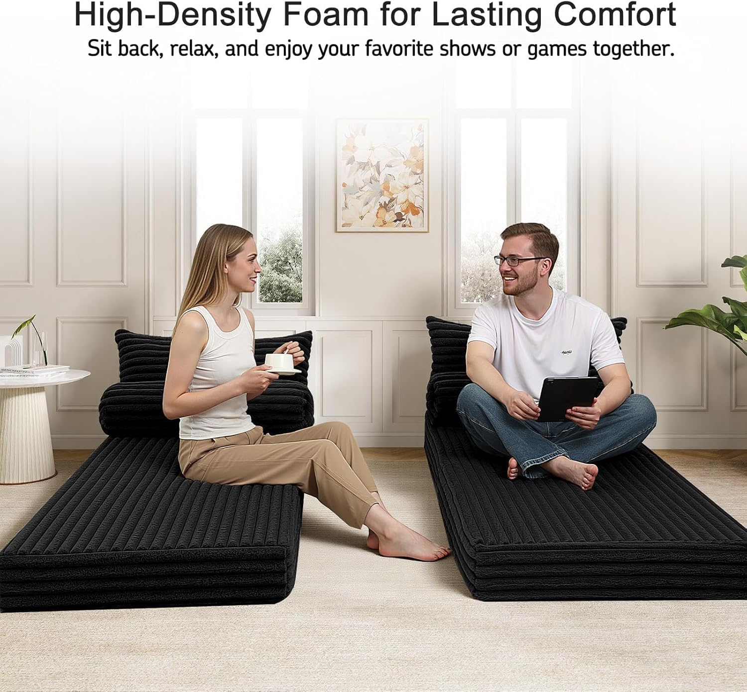 MeMoreCool Convertible Sofa Bed, Folding Floor Couch Bed Queen, Pull Out Sleeper Couch with Pillows, Fold Out Futon Sofa for Bedroom Living Room Small Space, Corduroy Black