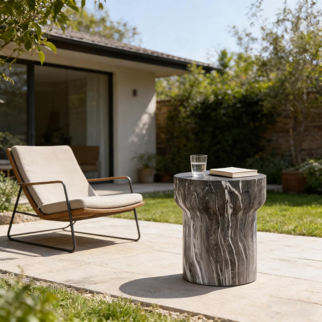 16" Weatherproof Side Table, End Table with Modern Geometry, Accent Table with Faux Terrazzo for Patio and Indoor Spaces, Marble