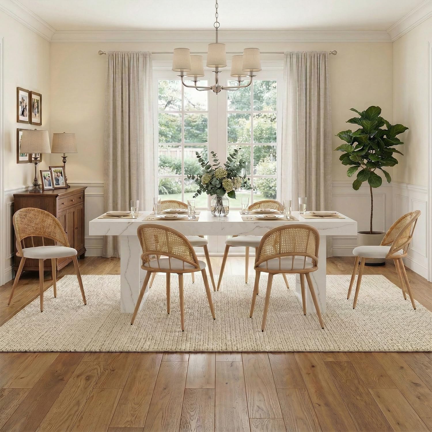 TYBOATLE 71''-87'' Extendable Dining Table Set for 6, Farmhouse Wooden Dining Room Table Set, 7 Piece Dinner Table Set with Upholstered Rattan Dining Chairs (White & White 71''-87''- 6 Chairs)