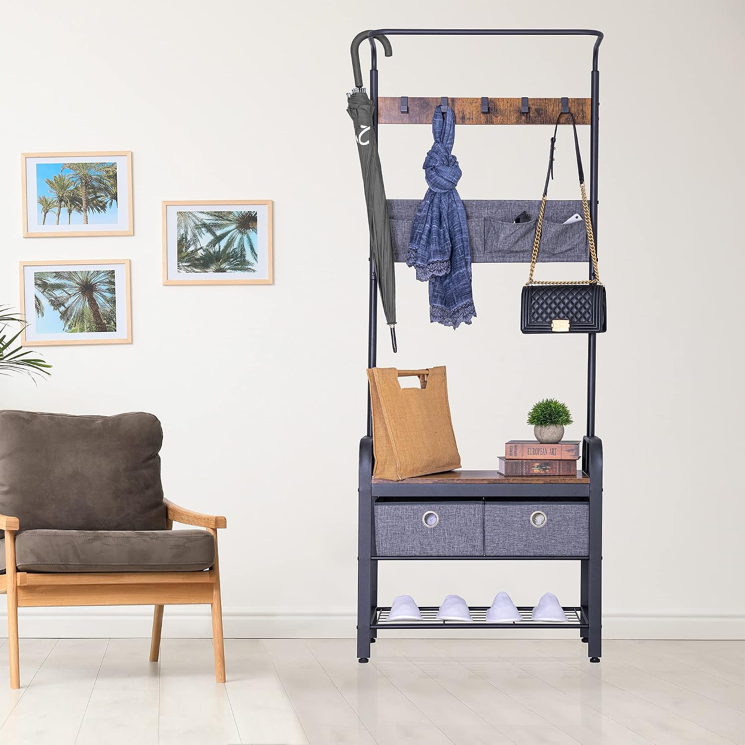 Sunnyglade Vintage Coat Rack 3 in 1 Hall Tree Entryway Organizer Shoe Rack | Entryway Organizer with Shoe Bench, Vintage 3-in-1 Hall Tree Coat Rack, Metal Frame, 5 Hooks, 4 Pockets & 2 Storage Boxes