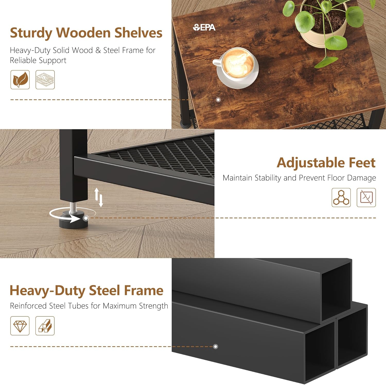 Heybly Small Side Table Set of 2, Tall End Table with Adjustable Shelf, Nightstand, Telephone Table, Accent Table Stand, Entryway Table, Bedroom,Living Room, Office,Kitchen, Rustic Brown HET003SR2