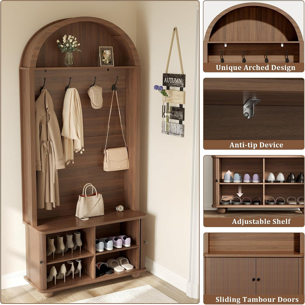 71" Hall Tree with Bench and Shoe Storage, 4-in-1 Design Entryway Bench with Coat Rack, Arch Farmhouse Entryway Hall Tree with 4 Hooks and Adjustable Shelves for Hallway, Living Room