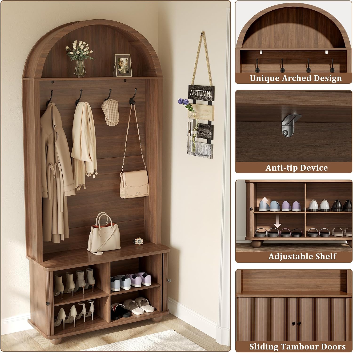 71" Hall Tree with Bench and Shoe Storage, 4-in-1 Design Entryway Bench with Coat Rack, Arch Farmhouse Entryway Hall Tree with 4 Hooks and Adjustable Shelves for Hallway, Living Room