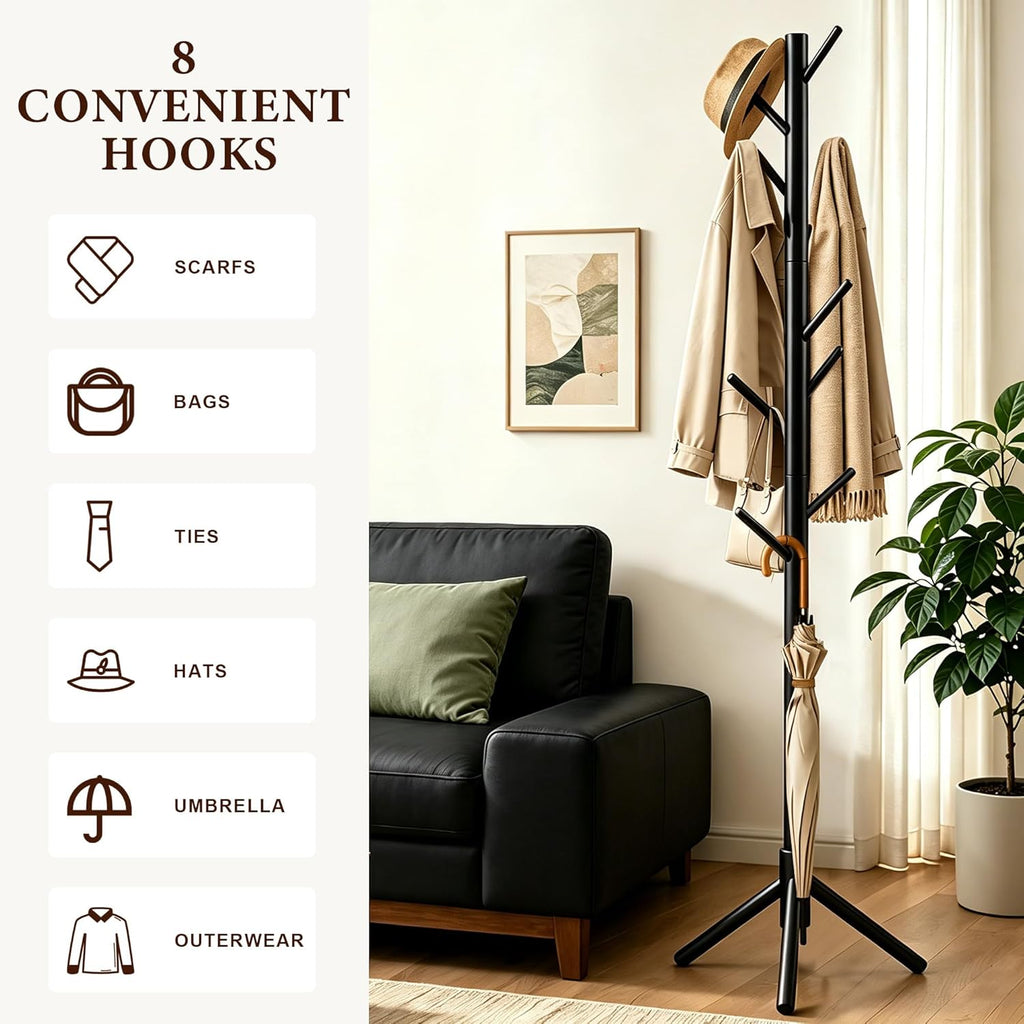 Wooden Coat Rack Freestanding with 8 Hooks & 3 Adjustable Sizes for Clothes, Space-Saving Design for Bedroom Office Entrance Holds Hats Coats Scarves Bags