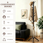 Wooden Coat Rack Freestanding with 8 Hooks & 3 Adjustable Sizes for Clothes, Space-Saving Design for Bedroom Office Entrance Holds Hats Coats Scarves Bags