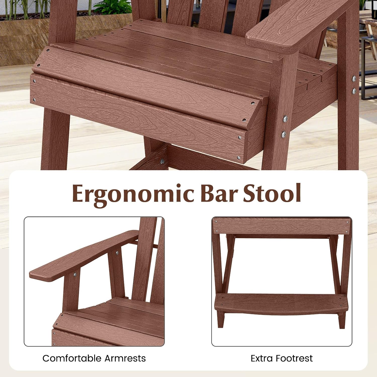 Tangkula Outdoor Bar Stool, HDPE Tall Adirondack Chair with Armrest & Footrest, Weather Resistant 47 Inch Counter Height Barstool Lifeguard Chair for Pool Deck Patio Garden, Balcony Chairs (2, Coffee)
