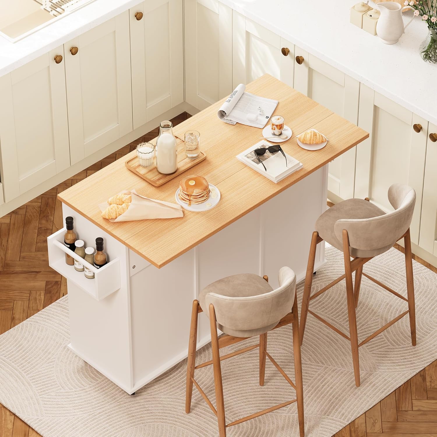 52" Rolling Kitchen Island with Drop Leaf & Trash Can Storage, Kitchen Island Cart with Spice Rack & Towel Rack, Mobile Island Table for Kitchen