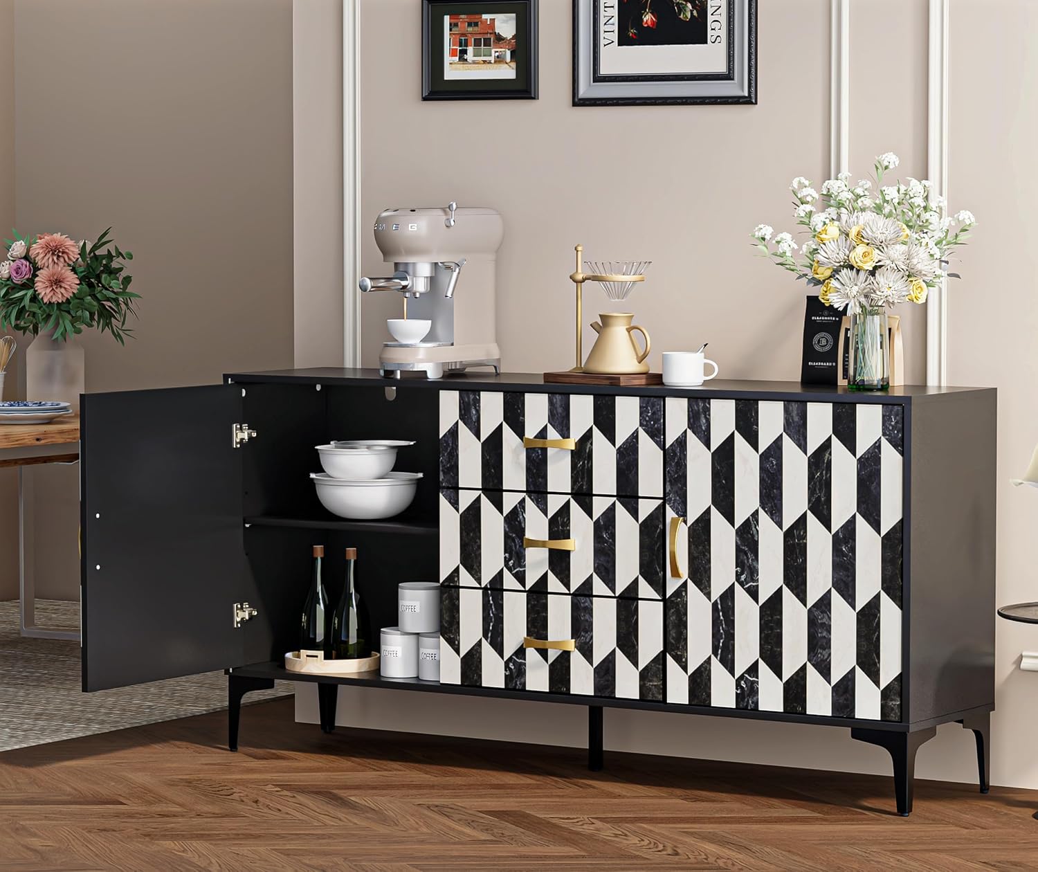 Anbuy Marble Buffet Cabinbet with Storage and 3 Drawers Sideboard Faux Marble Doors Buffet Dining Room Hallway Cupboard Console Table, Liquor/Accent Cabinet(Black)