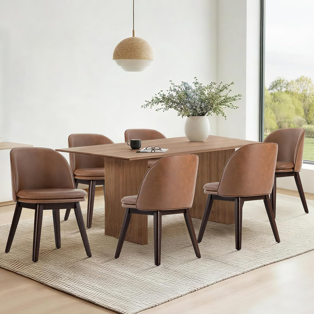 KISLOT Wooden Dining Chairs Set of 4, Faux Leather Upholstered Modern Dining Room Chairs with Double-Layer Thick Seat Cushion & Ergonomic Backrest for Restaurant, Kitchen and Café, Brown, 2 Boxs