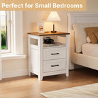 Decofy Farmhouse Nightstand with Charging Station, Modern End Tables with 2 Drawers & Open Shelf, Outlets, USB Ports & Type-C Ports, Wood Rustic Nightstands for Bedroom (2 Pack, Pure White + Walnut)