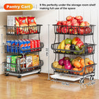 3 Tier Rolling Pantry Floor Organizers and Storage Cart with Wheels, Stackable Wire Fruit Basket Stand for Kitchen Organization, Three Tiered Pantry Storage Rack for Snack, Vegetable, Produce, Fruits