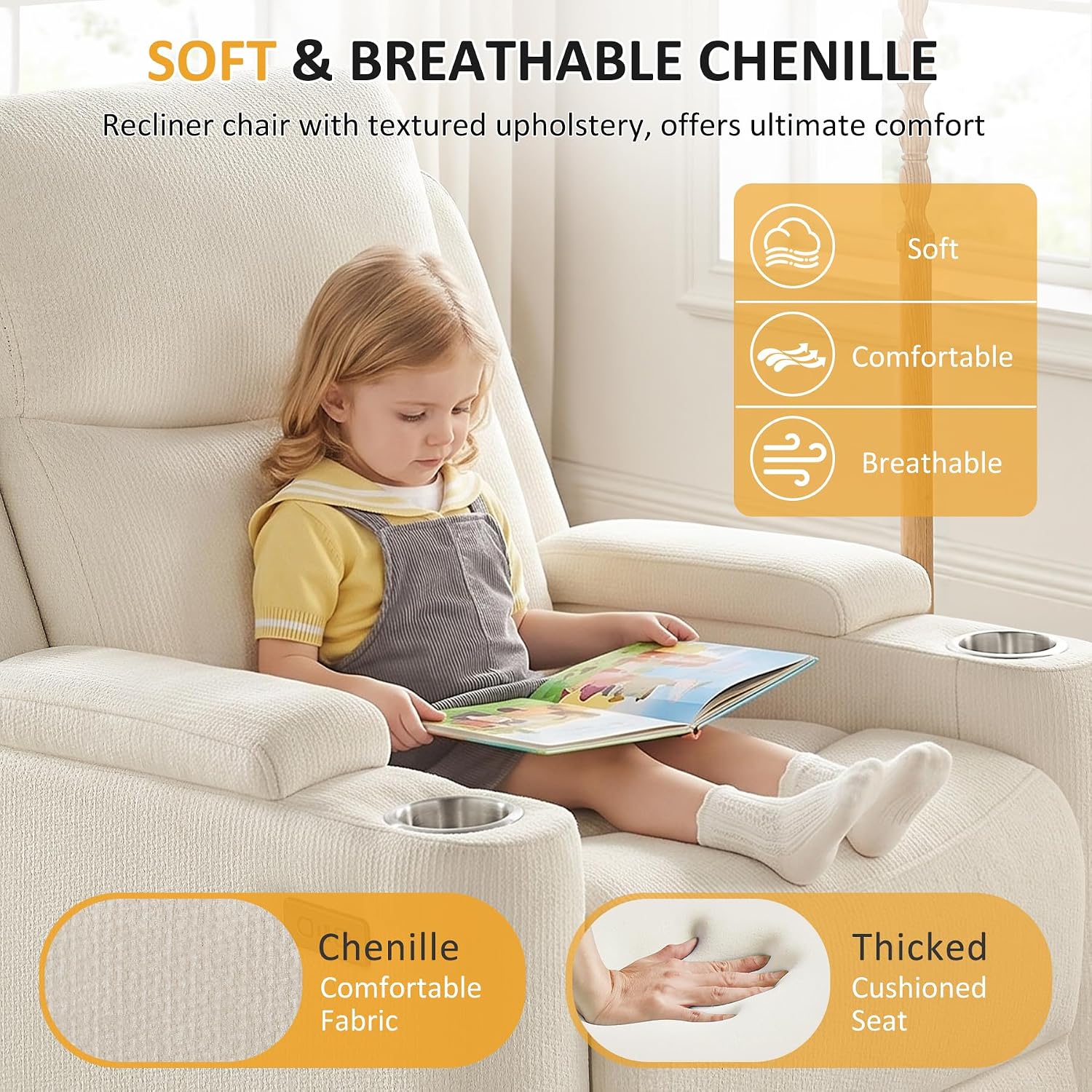 Oversized Nursery Glider Rocking Chair, 270° Swivel Glider Recliner Chair with USB & Type-C Ports, Cup Holders & Armrest Storage, Soft Chenille Nursery Chair for Living Room, Bedroom