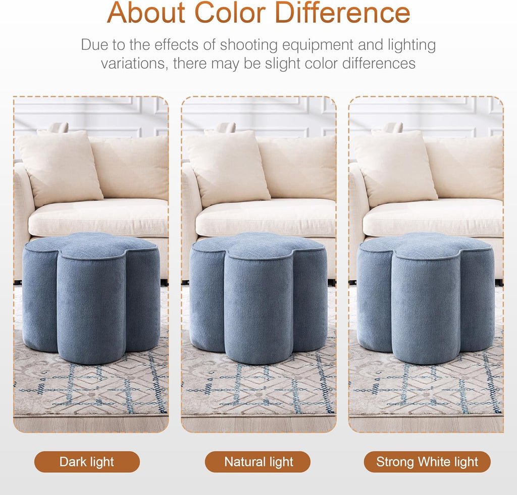 Zesthouse Flower Pouf Ottoman Foot Rest, Linen Fabric Poofy Ottoman Footstool for Couch Sofa, Modern Living Room Stool Seat for Under Entry Table, Cute Square Vanity Stool for Bedroom Dorm, Blue