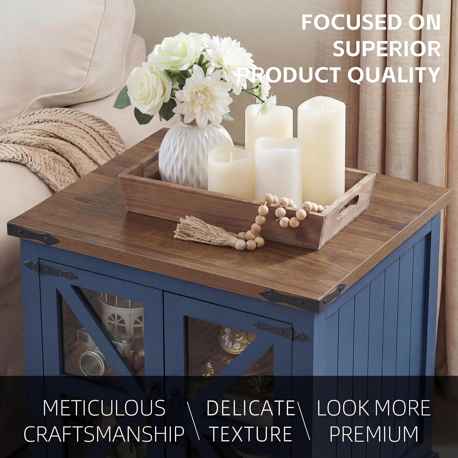 Farmhouse End Table, 24" Large End Tables with Storage, Rustic Square Sofa Beside Table with Glass Barn Door, Wood Side Table Square Nightstand for Living Room, Bedroom, Office (Misty Blue)