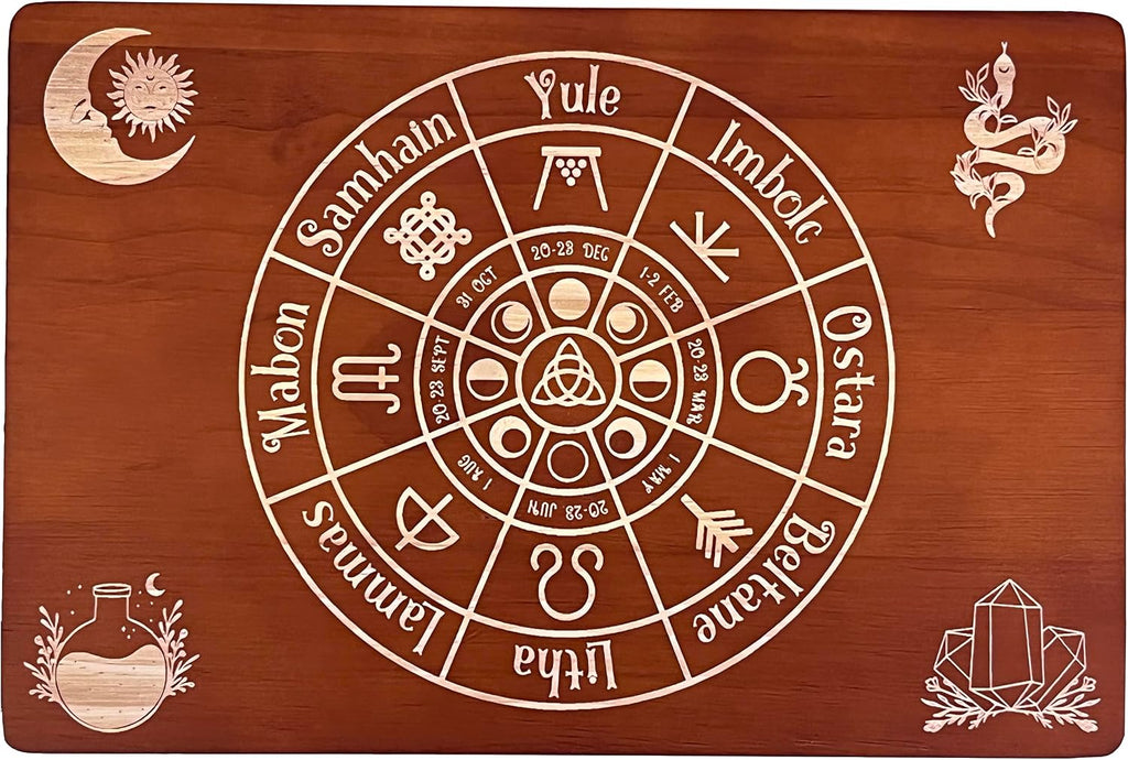 Altar Table, Meditation Table, Small Altar Table, Wooden Witch Altar, Wiccan Alter Table, Buddhist Shrine, Engraved Wheel of The Year on Table Top, 12 × 8 inches