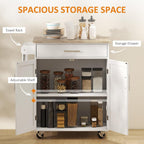 HOMCOM Kitchen Island Cart, Rolling Island Table with Solid Wood Top, Trolley Cart with Drawer, Storage Cabinet & Towel Rack, White