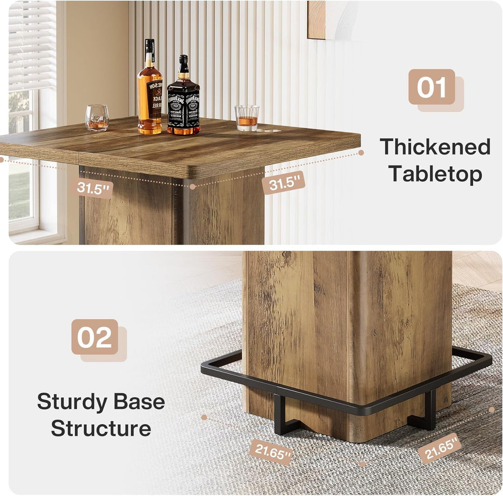 Tribesigns 39.37" Bar Height Table, Square Pub Table with Built-in Metal Footrest Ring, Sturdy Bistro Design for Kitchen, Home Bar, Small Space, Rustic Wood Grain