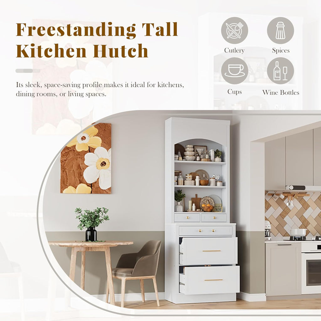 LUMISOL 83.7” Kitchen Pantry, Freestanding Tall Kitchen Hutch with Faux Marble Top, Display Cupboard Cabinet with 5 Storage Drawers and Adjustable Shelf, Storage Cabinet for Kitchen Dining Room, White