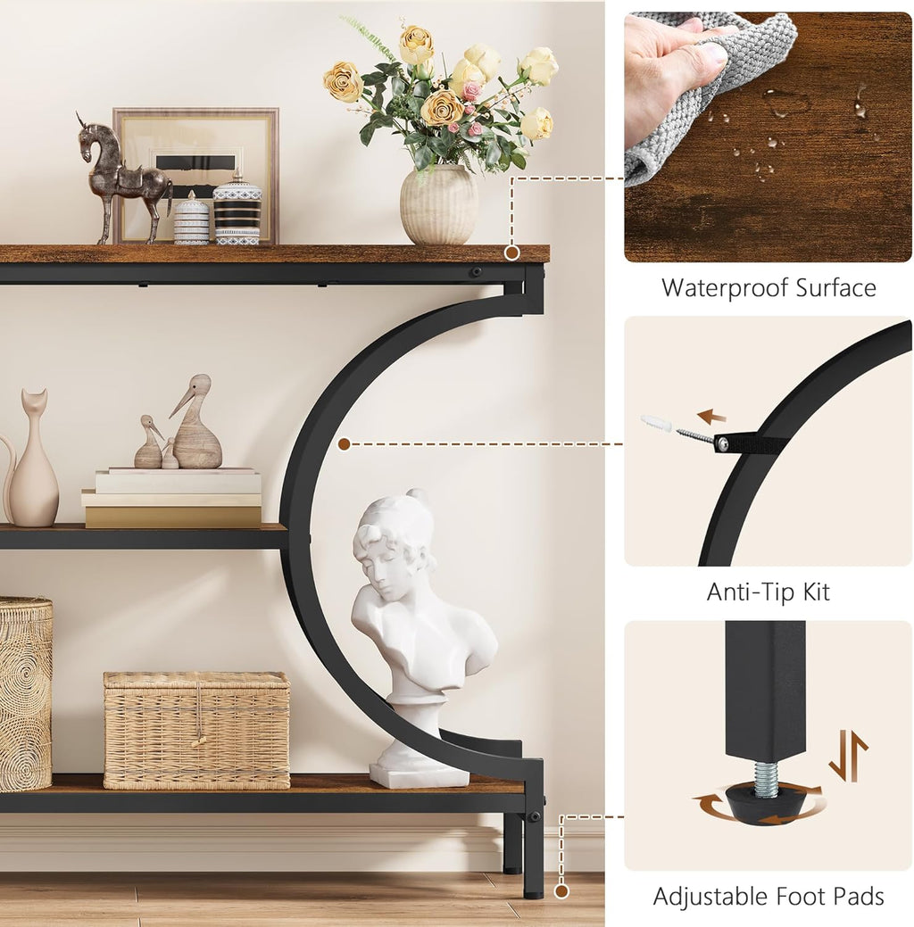 Hoctieon Console Table, 3-Tier Industrial Entryway Table with Storage, Hallway Tables, Narrow Entrance Sofa Tables, C-Shaped Metal Frame, Accent Tables with Shelves for Living Room, Rustic Brown
