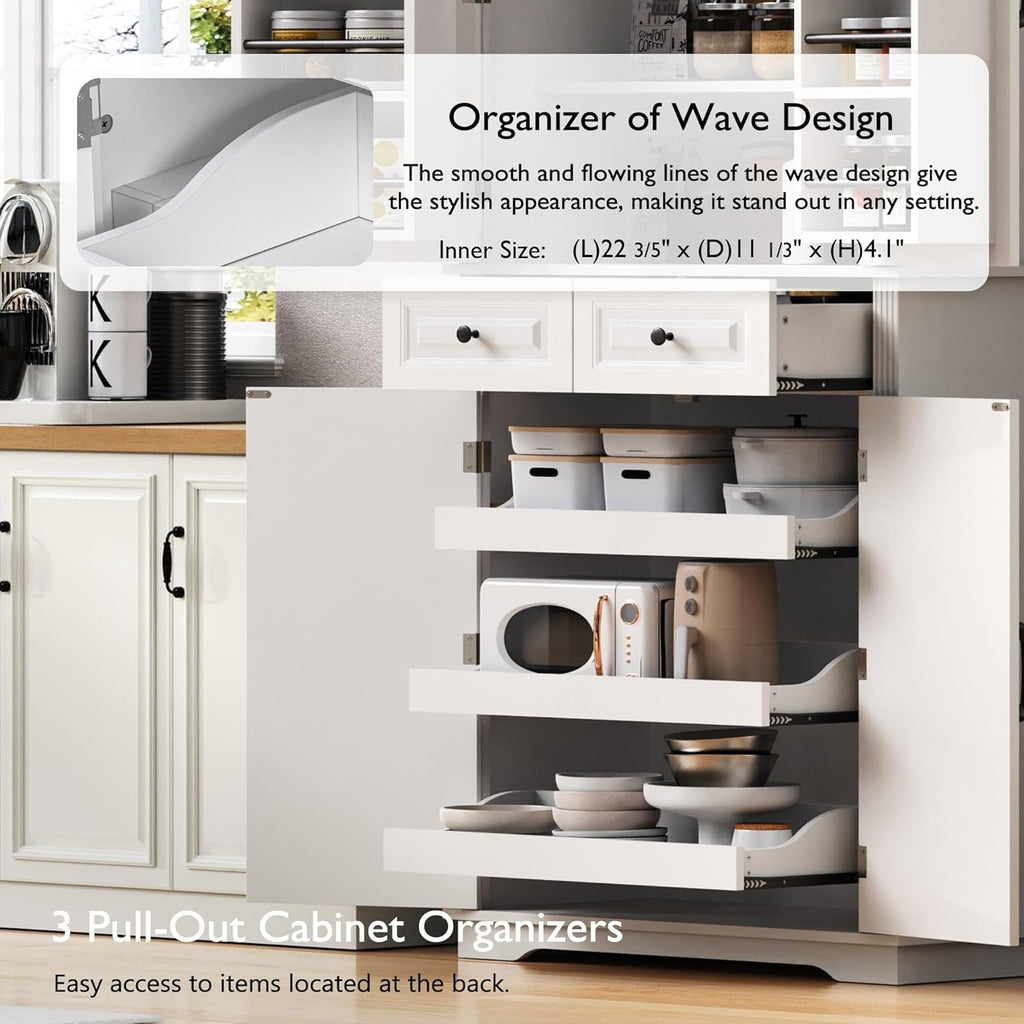 Kitchen Tall Pantry with 3 Pull Out Cabinet Organizers, Farmhouse Freestanding Storage Cabinet with 6 Door Shelves and 2 Drawers for Kitchen, Dining Room (White)