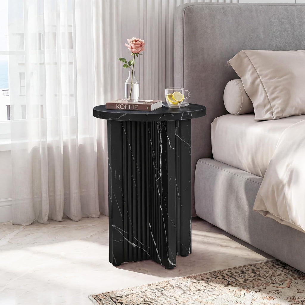 LEVNARY 15.7" Round Side Table with Marble-Look Top, Modern End Table with Scalloped Fluted Base, Small Circular Accent Table with Adjustable Feet for Living Room Bedroom (Black)