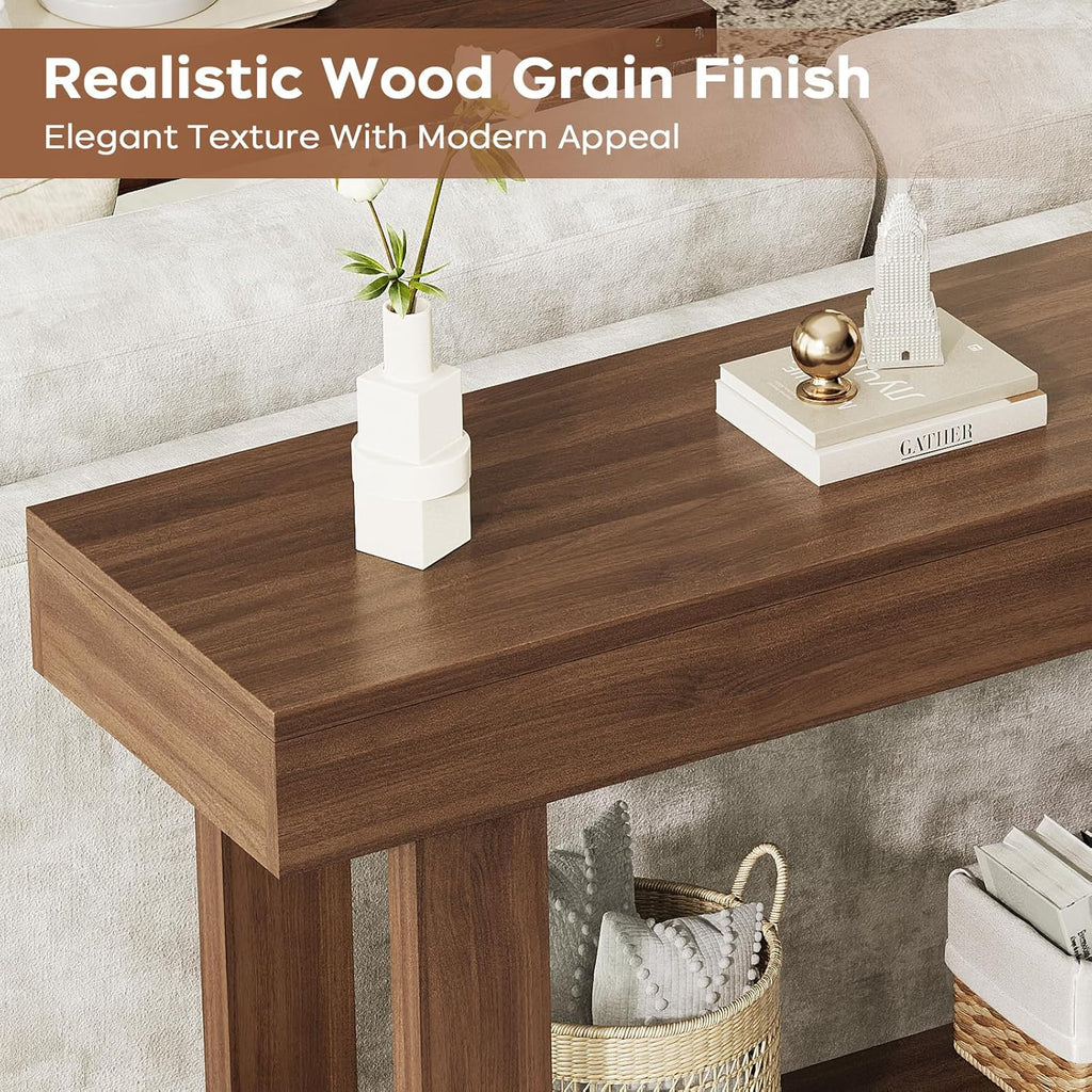 Console Table for Entryway, 47.2" Narrow Farmhouse Sofa Table with Thick Tabletop & Storage Shelf, 2-Tier Modern Wooden Entryway Industrial Table for Hallway, Living Room, Foyer, Behind Couch, Walnut