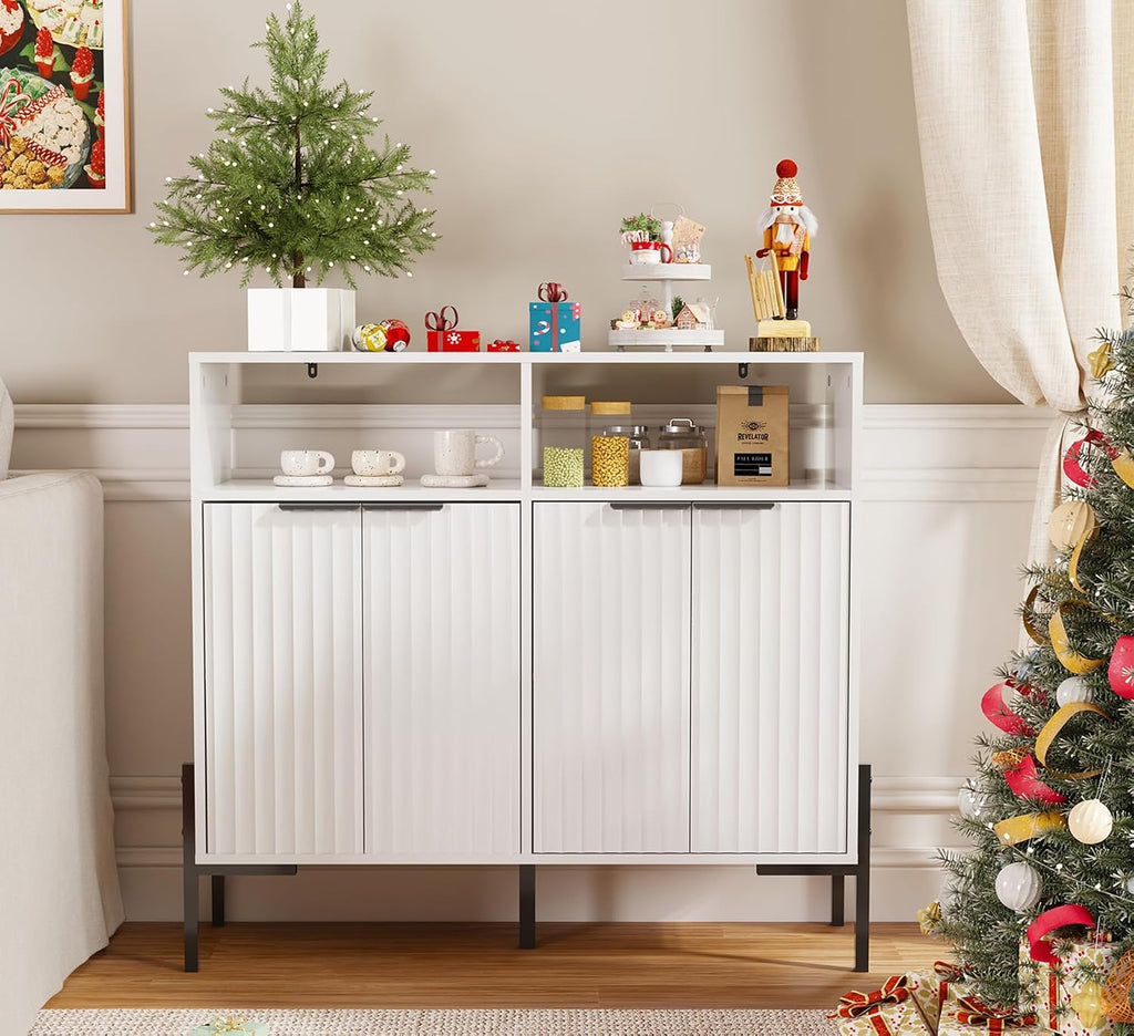 White Buffet Cabinet with Storage, Fluted Storage Cabinet with Doors & Adjustable Shelves, Solid Wood TV Stand Credenza for Kitchen Dining Room, 41"L x 14"D x 37"H Easy Assembly Kitchen Sideboard