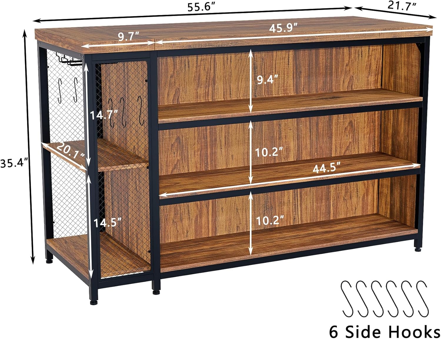 55" Kitchen Island with Seating & Storage, Farmhouse Island Table with 5-Tier Shelves, Large Countertop, Coffee Bar Cabinet with 2 Stemware Racks, Rustic Brown