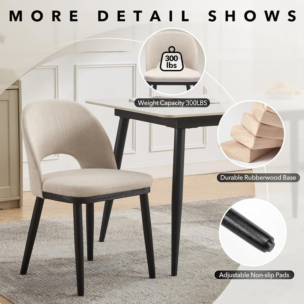 Wooden Dining Chairs Set of 4, Upholstered Kitchen Dining Room Chair, Modern Linen Fabric hollowed out Dinner Chair with Leveling Feet/hollowed out Backrest Support for Dining Room, Living Room,Beige
