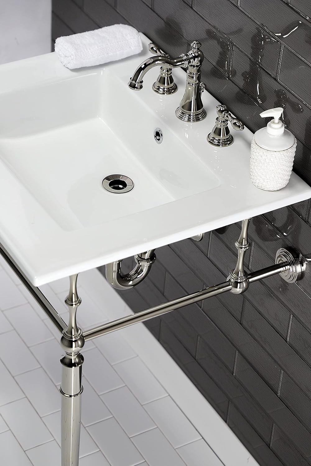 Kingston Brass KVPB25227W8PN Edwardian 25-Inch Console Sink with Brass Legs (8-Inch, 3 Hole), White/Polished Nickel
